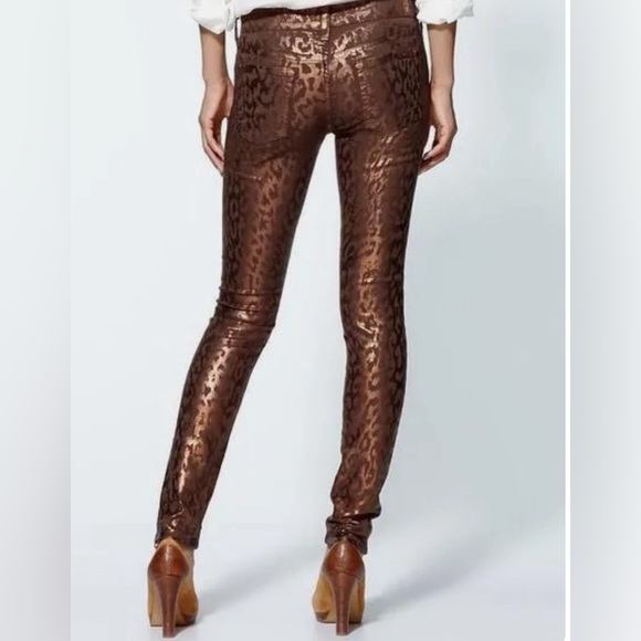 7 For All Mankind Metallic Gold & Brown Animal Print Leopard Skinny Jeans size 6 - Picture 2 of 16